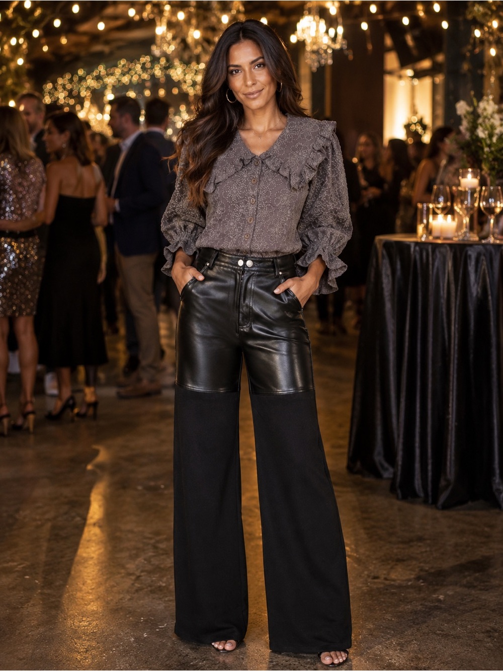 H027 NWT Et Clet S w13 Black Two-Tone Faux Leather Wide Leg Pants